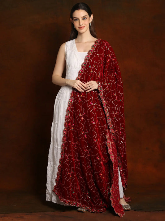 Velvet Dupatta with Zari and Sequinned Diamond Pattern and multicolored miniatures from Amritsar