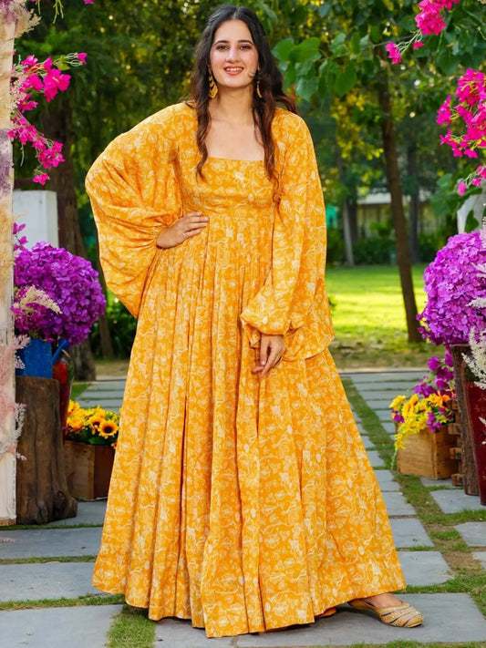 Yellow Digital Printed Georgette Anarkali Gown