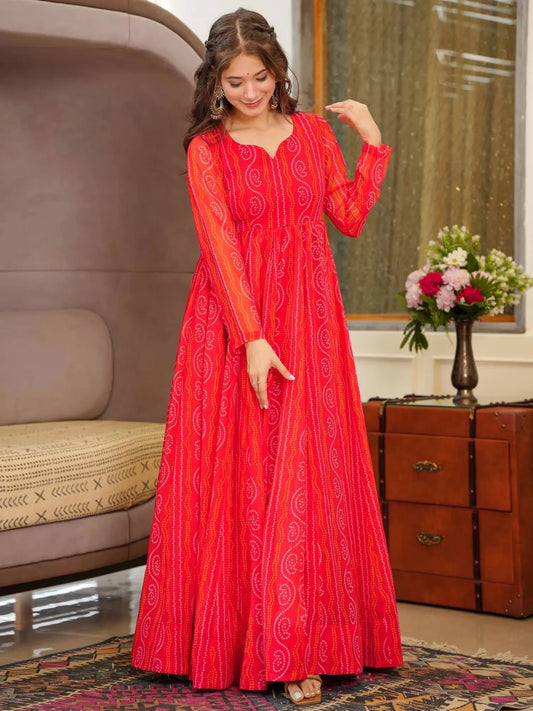 Red-Flared Bandhani Digital Printed Georgette Anarkali Gown