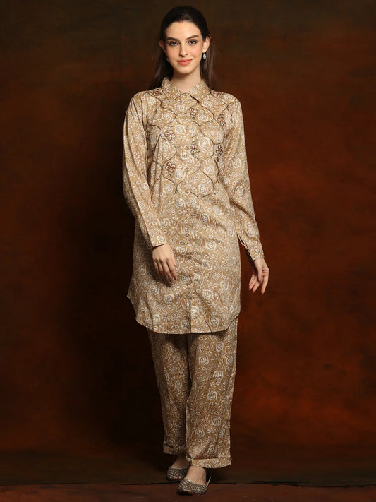 Pure Linen Printed and Collared Co-ord set with Glass Sequins on Neck