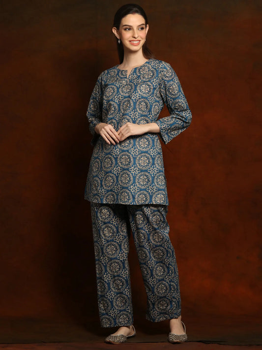 Navy Blue Pure Cotton Indian Style Co-Ord Set