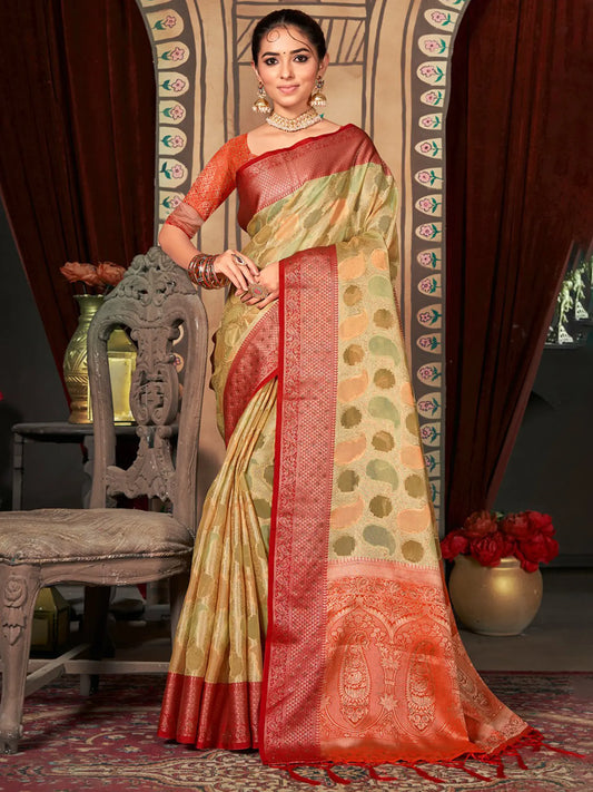Organza butta motif saree with broad border and blouse
