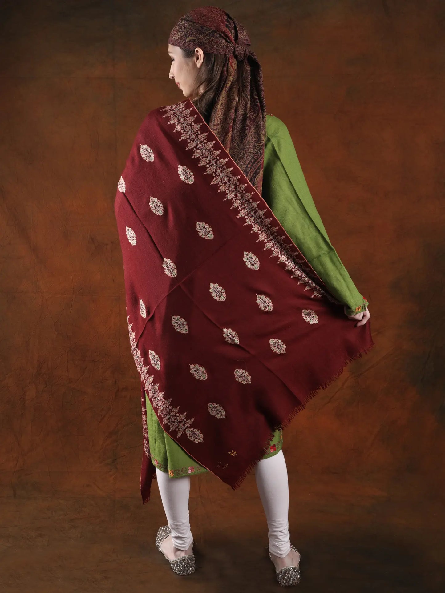 Winery Color Pashmina Handspun Shawl With Mughal Butti Hand Embroidery