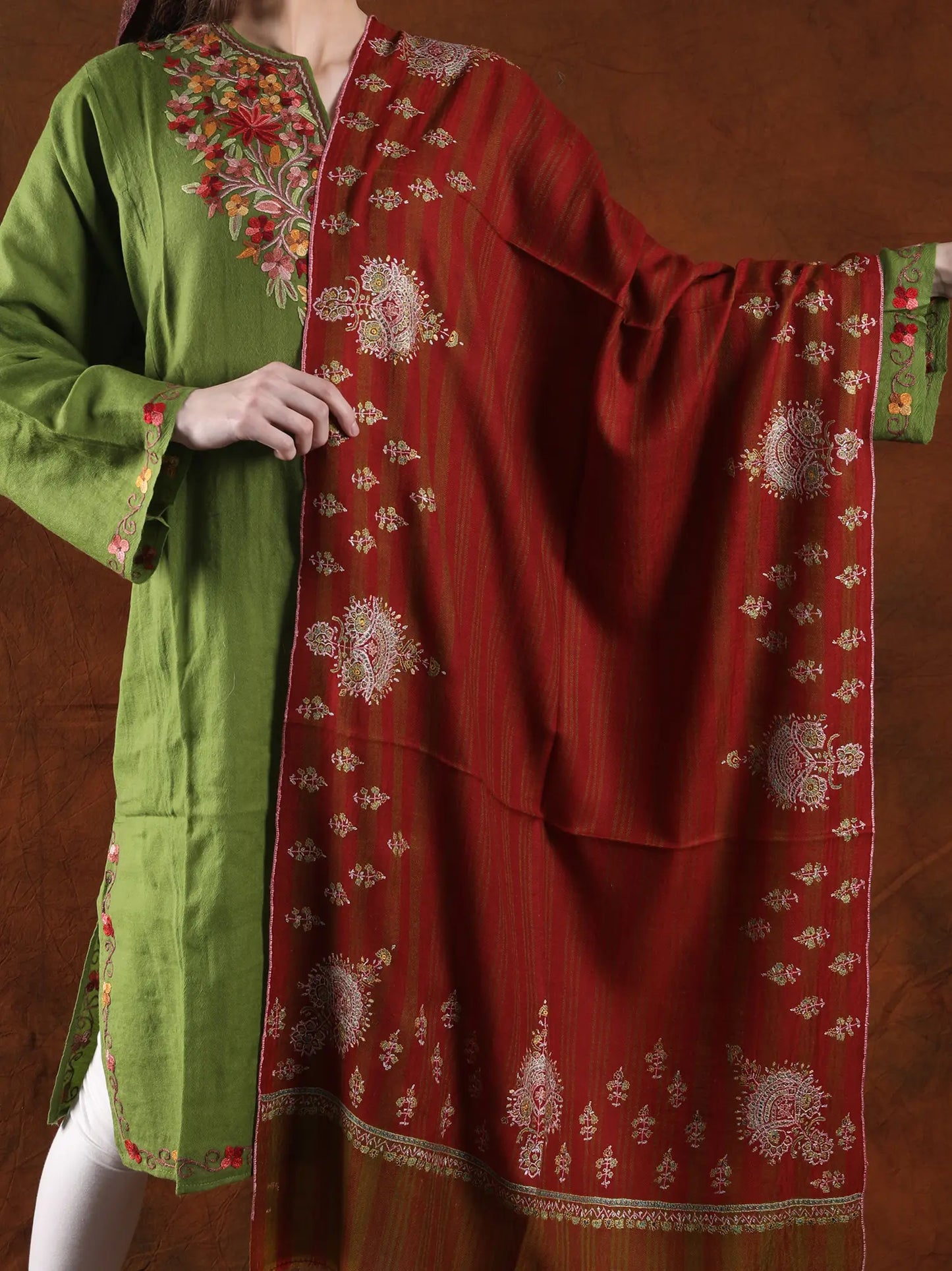 Pashmina Rythmic-Red Machine Spun Kani Shawl With Hand Embroidered Border