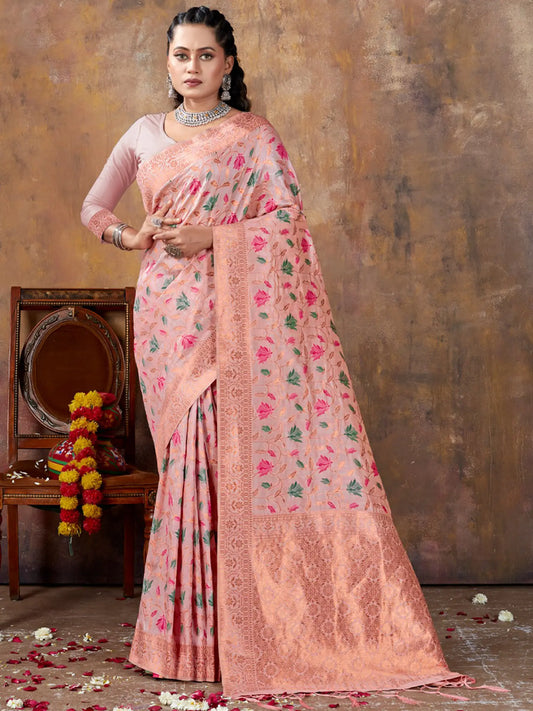Flower Pattern Banarasi Silk Saree with Blouse and Tassels Pallu