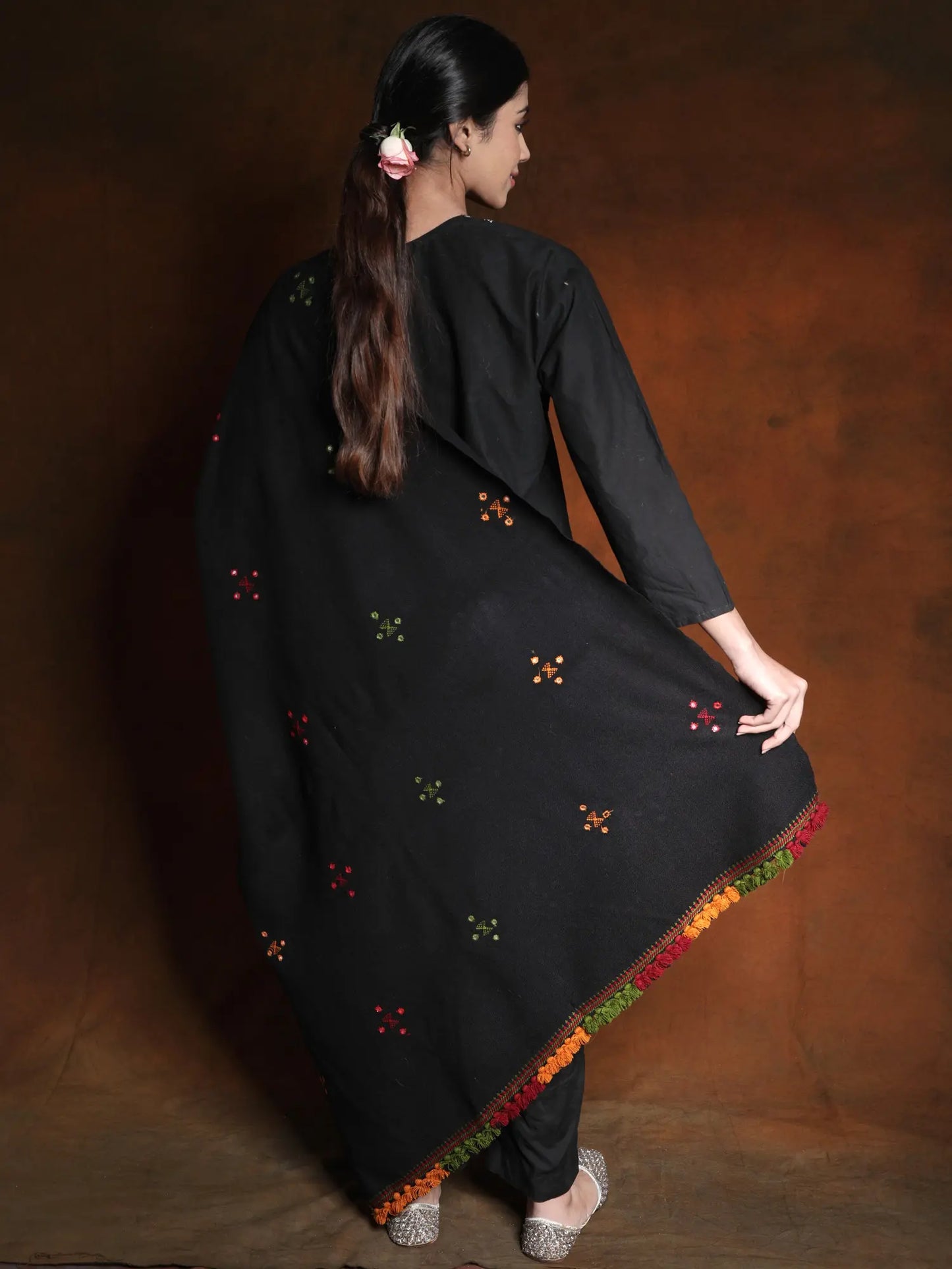 Woolen Plain Shawl from Kutch with Mirror Embroidery