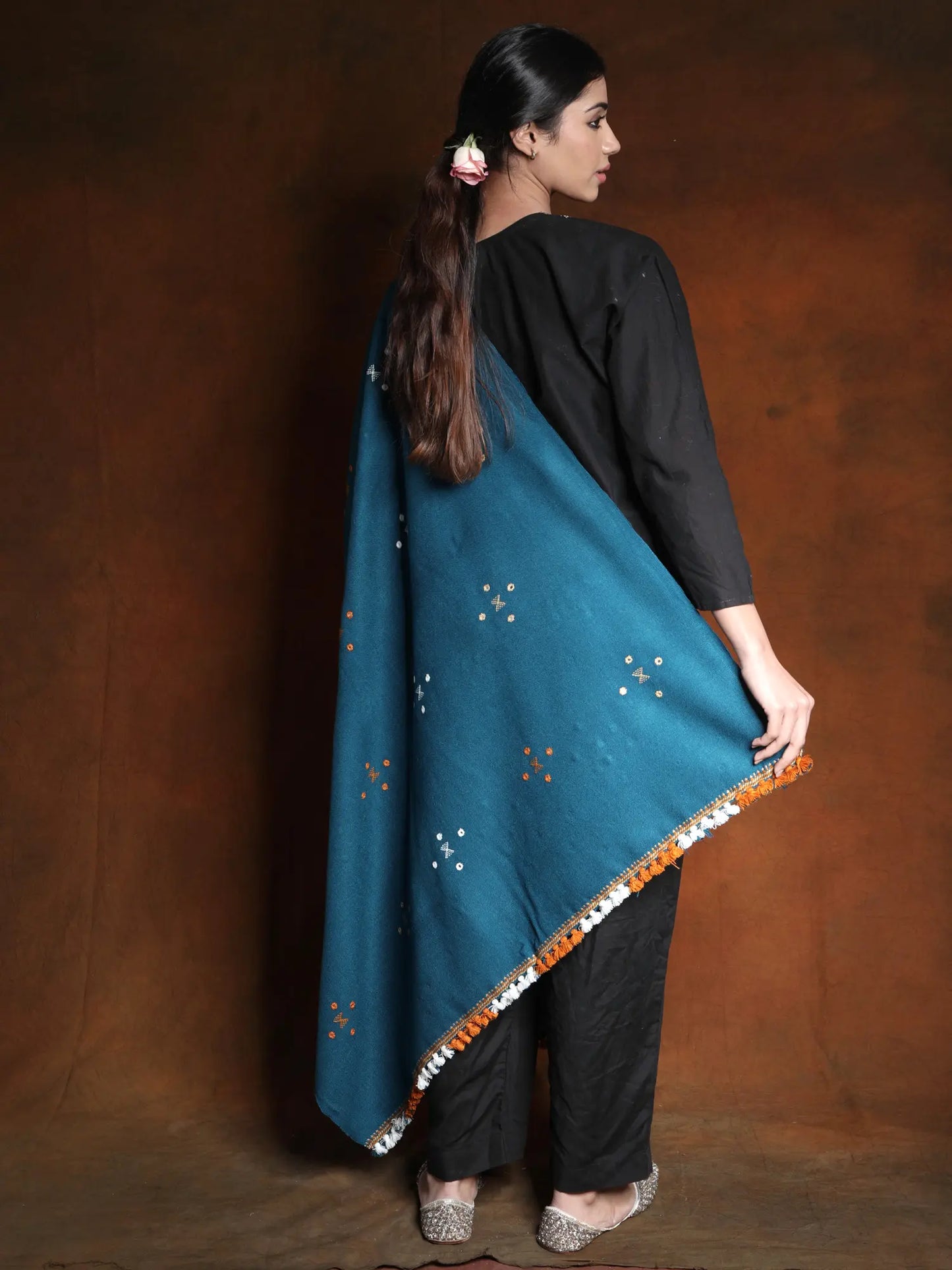 Woolen Plain Shawl from Kutch with Mirror Embroidery