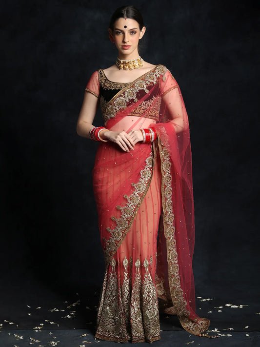 Vintage Rouge-Red Net Beaded Embroidered Lehenga Wedding Saree with Velvet Black Blouse