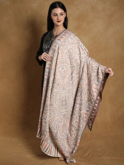 Snow-White Jamawar Kani Shawl from Amritsar with Multicolor Weave