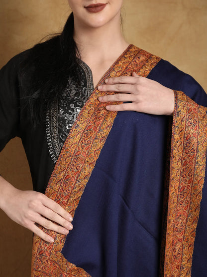 Pure Wool Plain Kashmiri Tusha Shawl with Sozni Hand Embroidered Wide Border