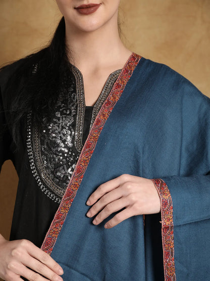 Moroccan-Blue Plain Shawl from Kashmir with Sozni Hand Embroidered Border