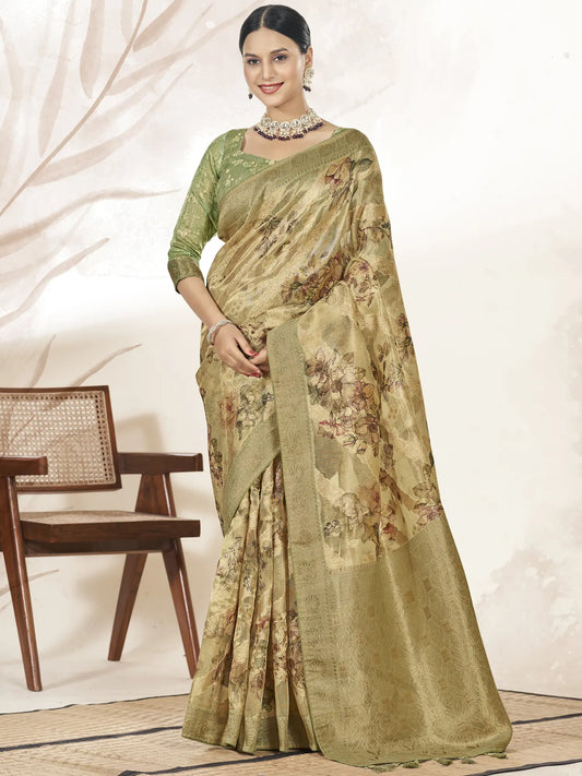 Digital Printed Zari Woven Saree in Organza Tissue Silk with Blouse and Rich Pallu