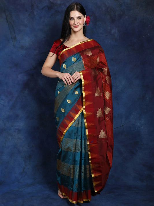 Harbor-Blue Brocaded Uppada Saree from Bangalore with Zari Woven Bootis and Temple Border