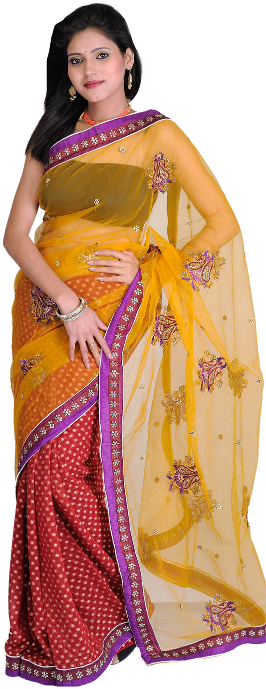 Golden-Glow Wedding Sari with Woven Bootis and Embroidered Paisleys