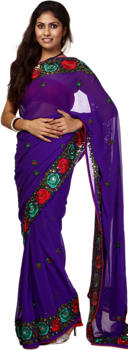 Royal-Purple Saree with Parsi Embroidered Roses on Border