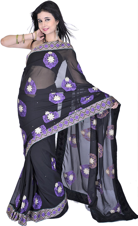 Black Designer Saree with Metallic Thread Embroidered Flowers and Patch Border