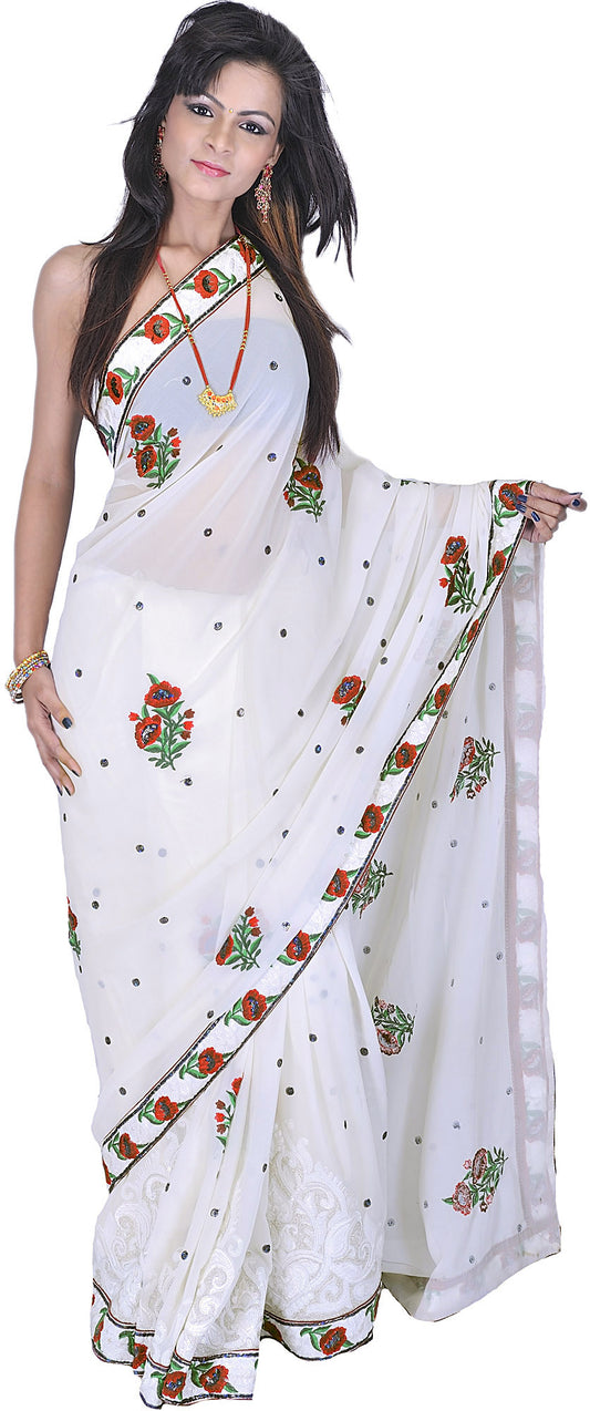 Chic-White Designer Sari with Aari-Embroidered Flowers in Multi-Color Thread and Sequins