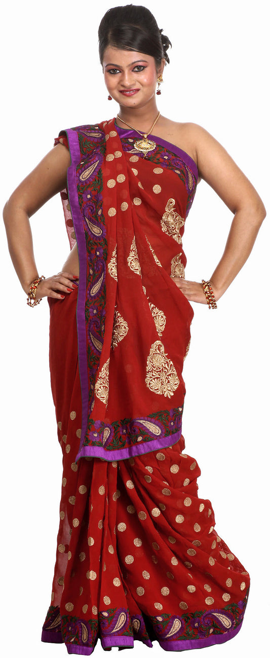 Tango-Red Bridal Saree with Embroidered Paisleys All-over