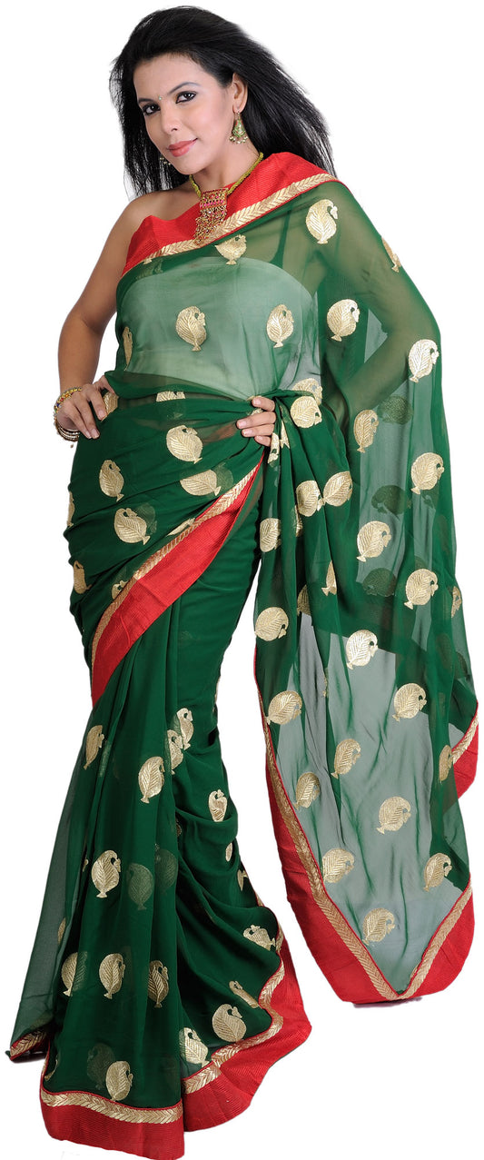 Designer Sari with Metallic Thread Embroidered Paisleys and Patch Border