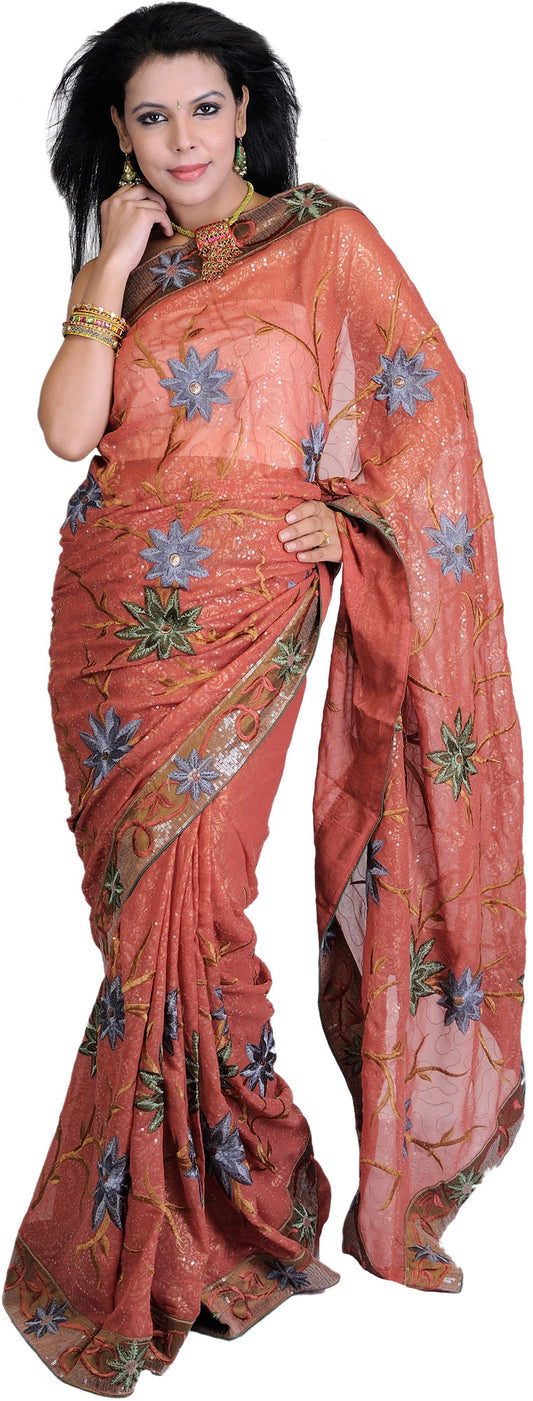 Redwood Shimmering Sari with Embroidered Flowers All-Over