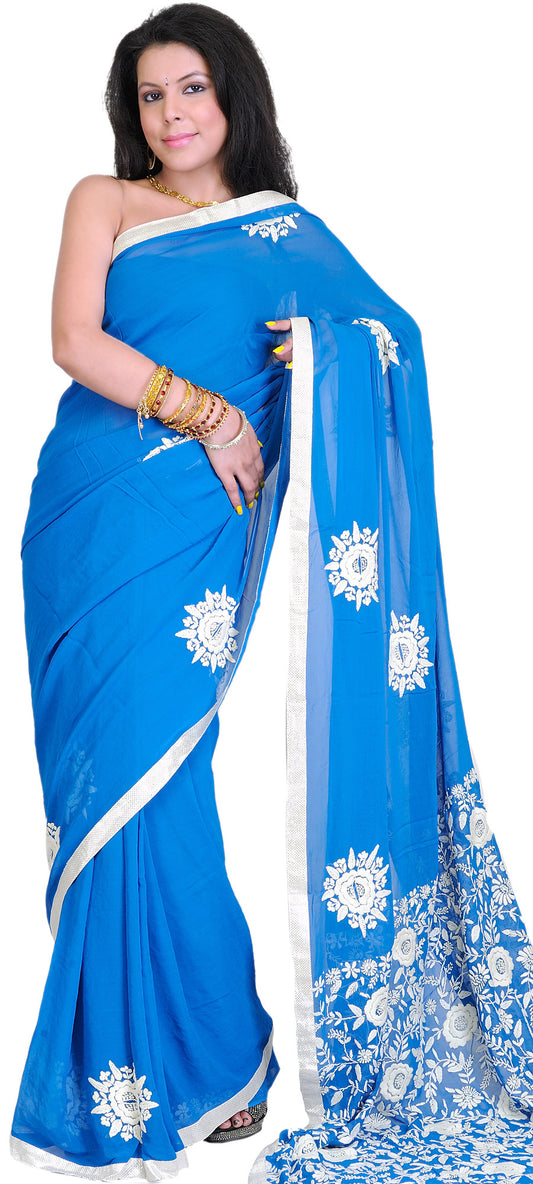 Imperial Blue Hand Embroidered Phulkari Sari from Punjab