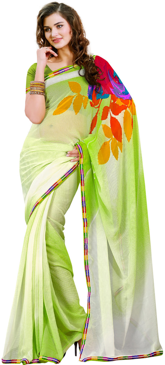 Green-Shaded Polka Dotted Sari with Multi Color Print and Patch Border