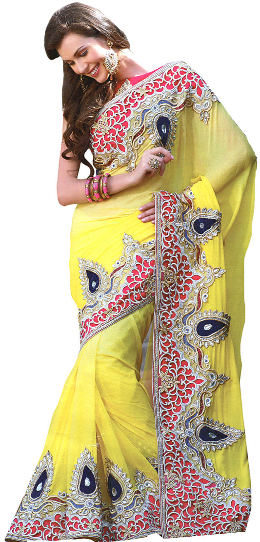 Cyber-Yellow Bridal Saree from Surat with Embroidery