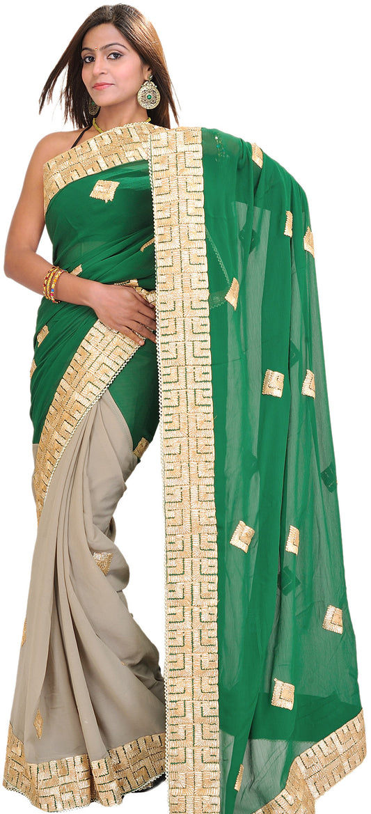 Silver-Sage and Green Shaded Wedding Saree with Golden Patch Border and Faux Pearls