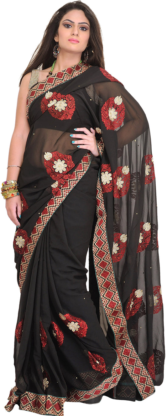 Jet-Black Floral Embroidered Wedding Sari with Crystals and Patch Border