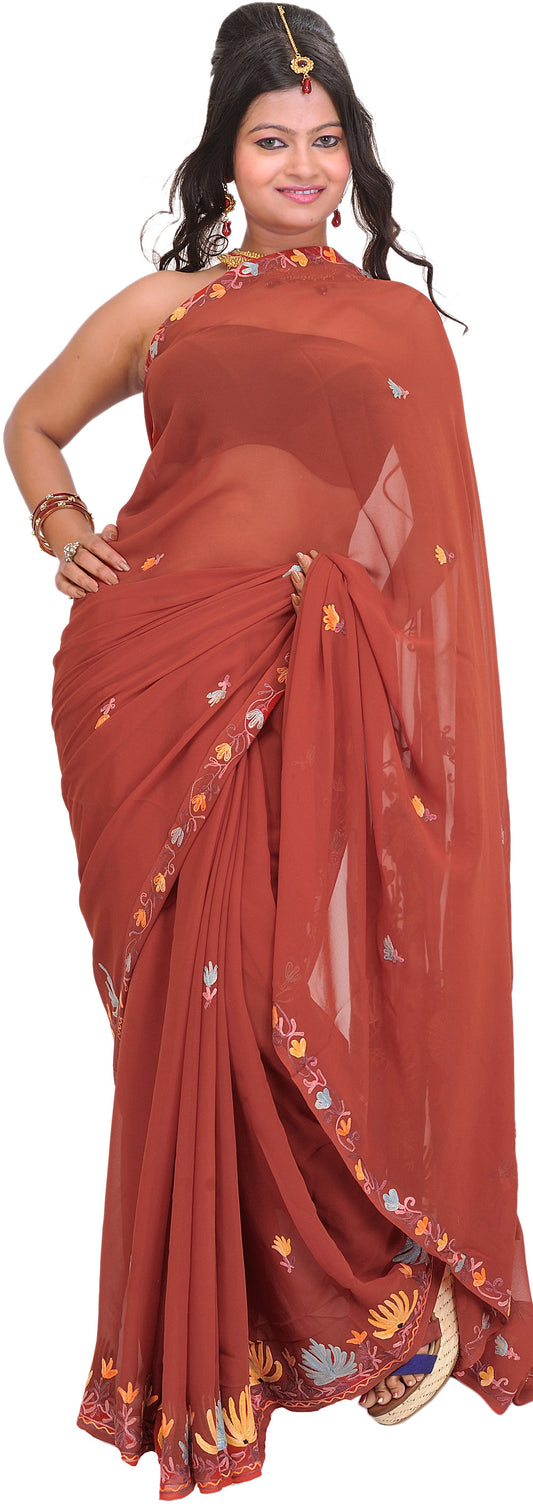 Ketchup-Red Sari from Kashmir with Aari-Embroidered Flowers
