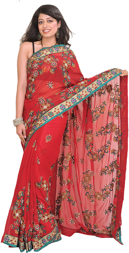 Chili-Pepper Wedding Saree with Floral Embroidery and Beadwork by Hand