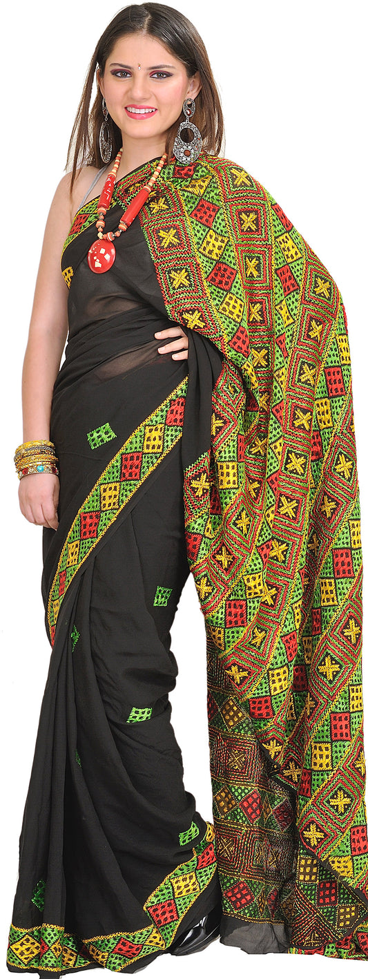 Jet-Black Sari from Punjab with Phulkari Hand-Embroidered Aanchal and Border