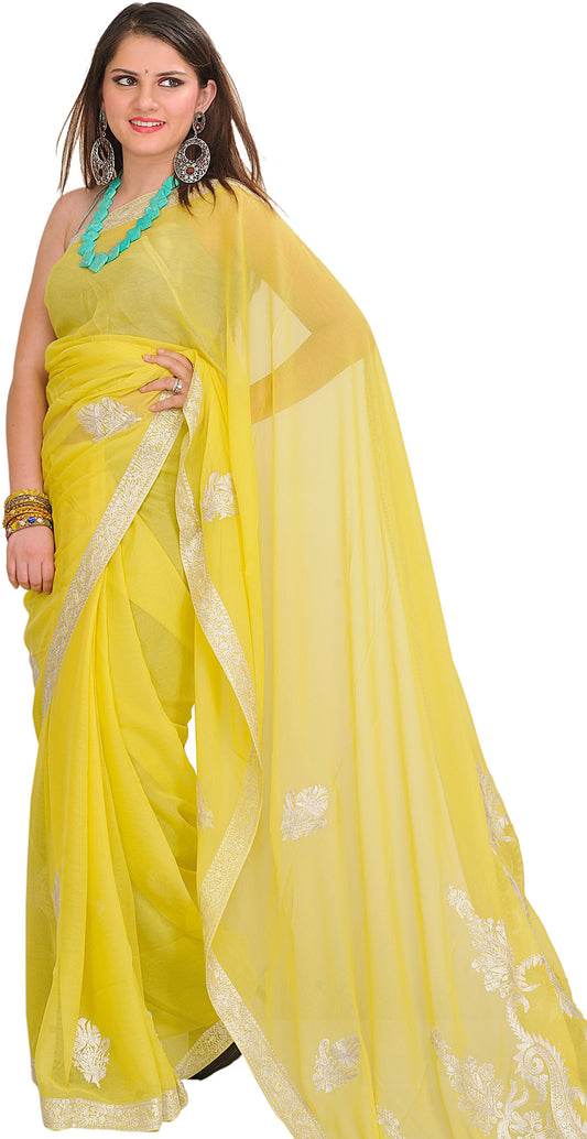 Canary-Yellow Wedding Sari with Zari Embroidered Paisleys and Border