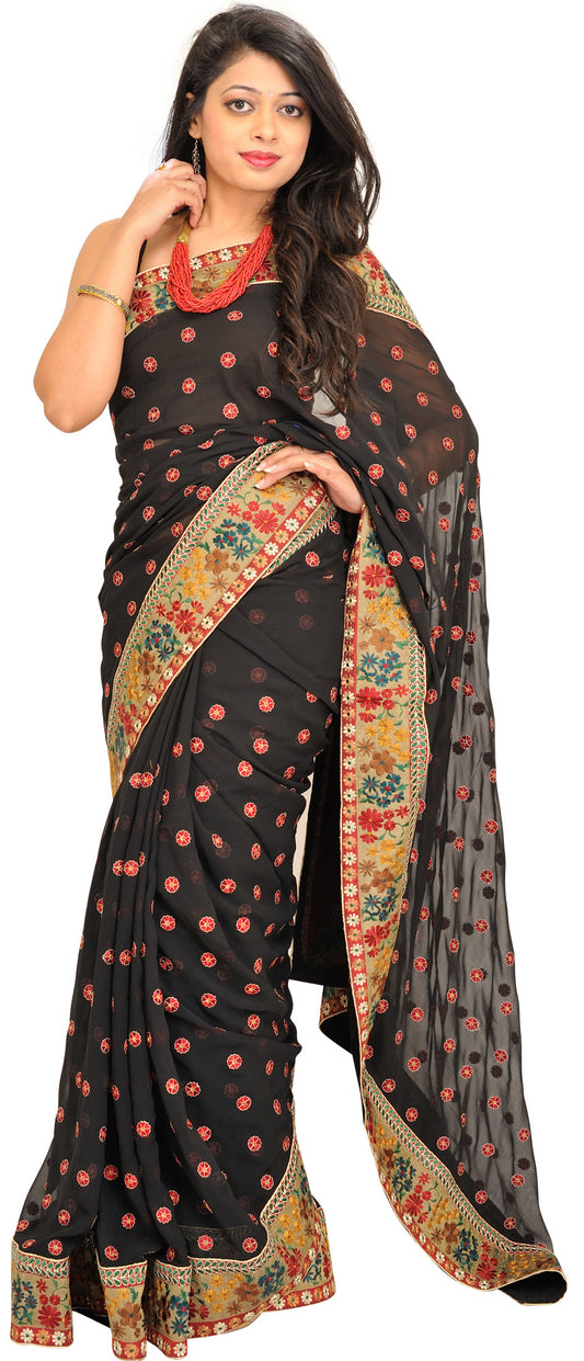 Jet-Black Wedding Sari with Floral Patch Border and Embroidered Bootis All-Over