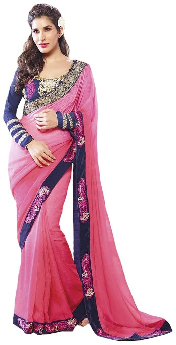 Pink and Dark-Blue Designer Saree