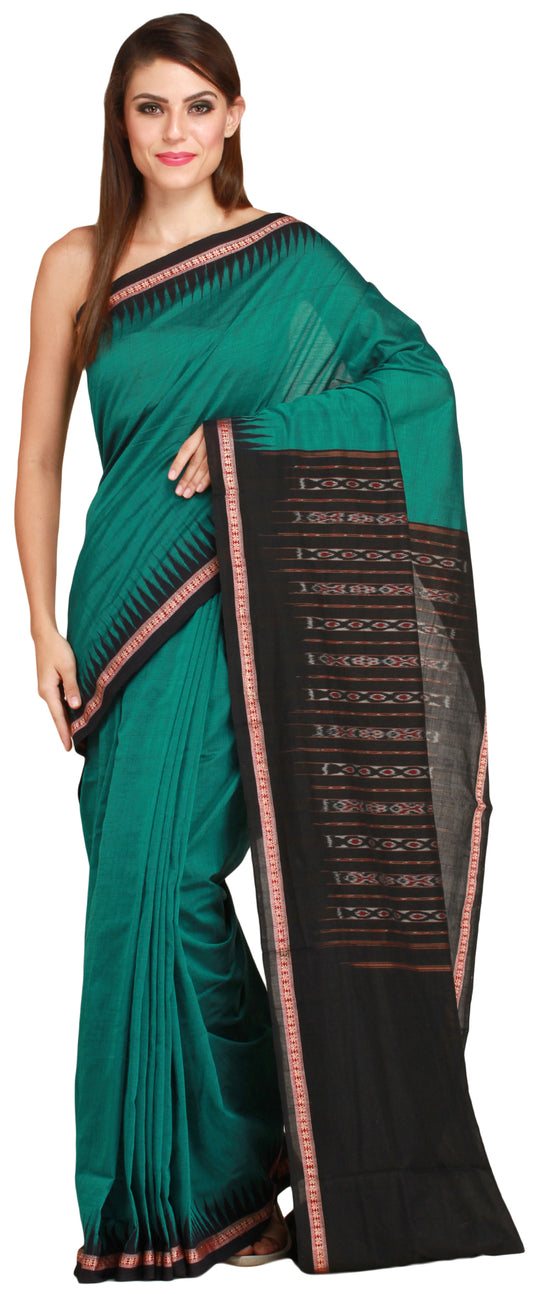 Green and Black Handloom Sari from Sambhalpur with Temple Border and Ikat Weave on Pallu