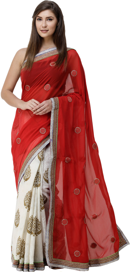 Red and Ceam Saree with Crystal-Studded Zardozi Border and Self-Weave