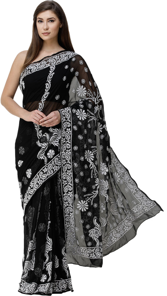 Caviar-Black Sari from Lucknow with Chikan Hand-Embroidered Flowers and Paisleys