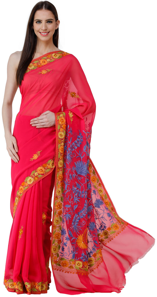 Virtual-Pink Sari from Kashmir with Aari-Embroidered Multicolor Flowers