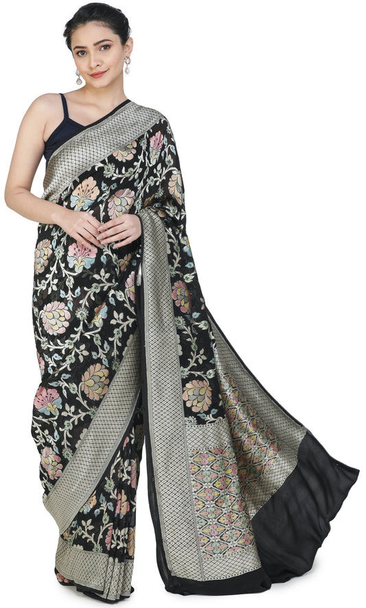 Black-Beauty Handloom Banarasi Sari with Brocaded Floral Motifs All-over and Heavy Pallu