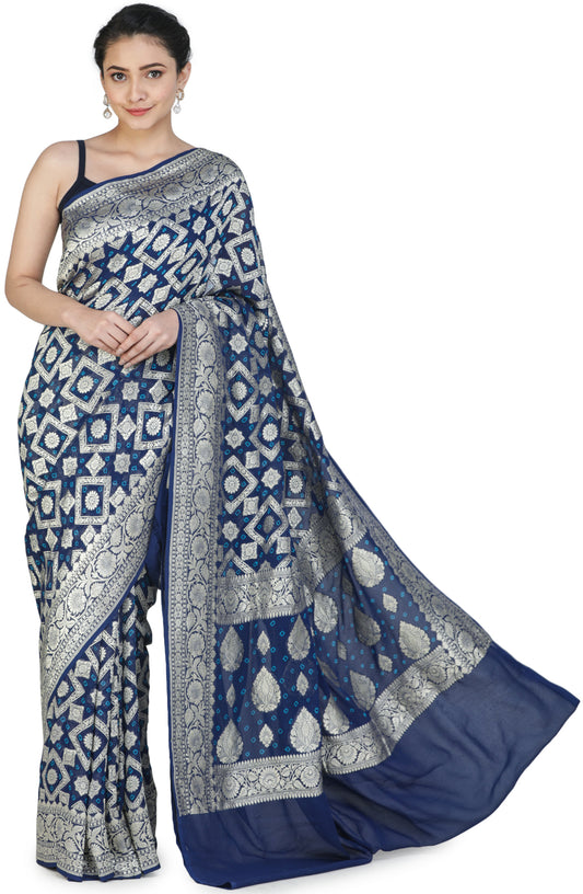Medieval-Blue Banarasi Handloom Sari with Heavily Brocaded Patterns All-over and Floral Pallu