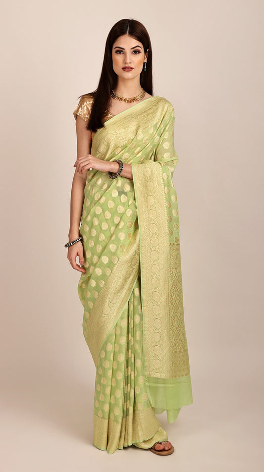 Elegant Pure Chiffon Green-Glow Banarasi Saree (Unstitched Blouse). Handloom Zari Woven | Handmade | Made in India