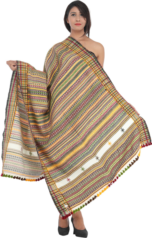 Multi-color Hand-woven Folk Shawl from Kutch