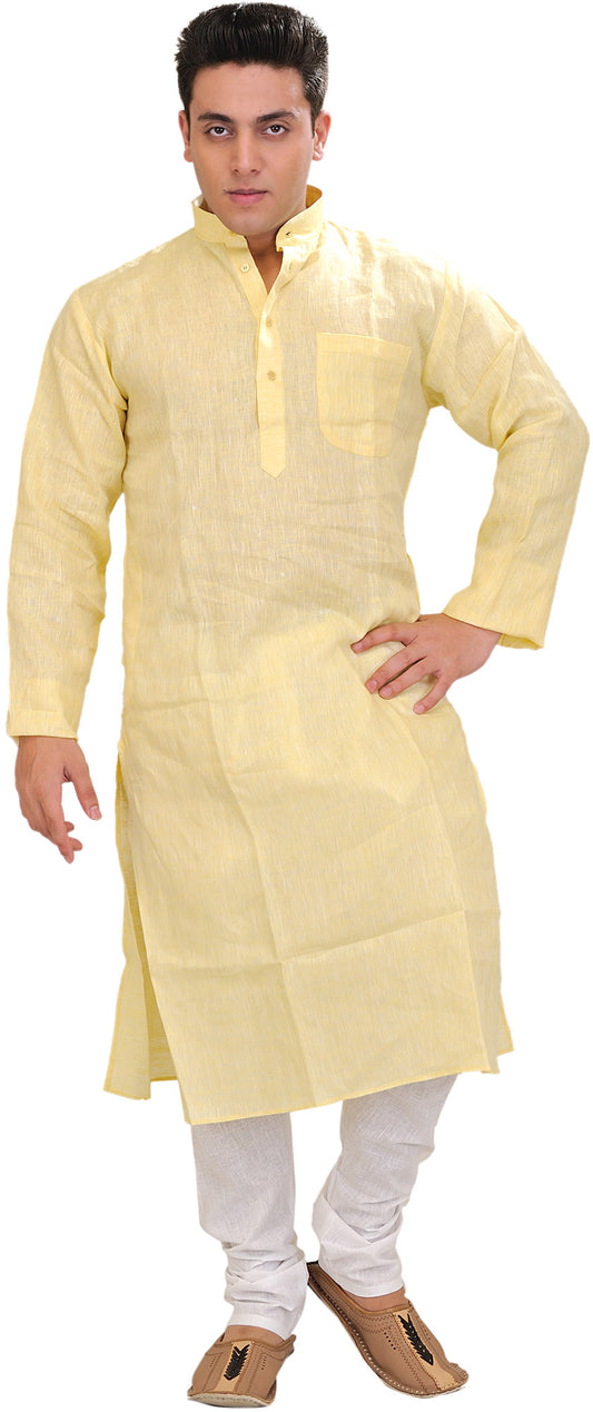 Plain Pure Linen Kurta with White Pajama Set