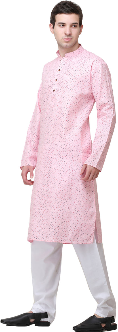 Candy-Pink Casual Kurta Pajama Set with Printed Leaves and Bootis