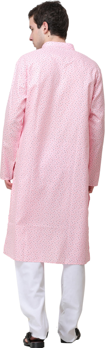 Candy-Pink Casual Kurta Pajama Set with Printed Leaves and Bootis