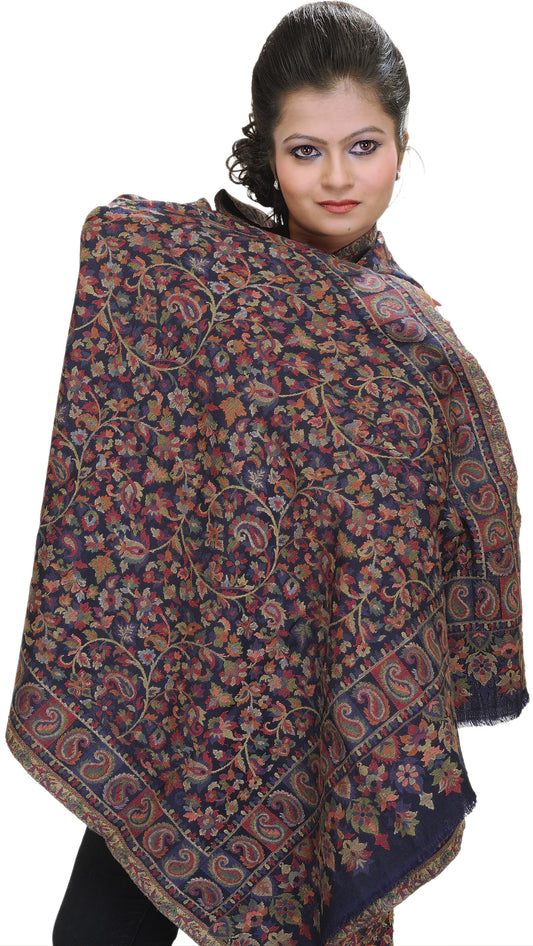 Moonlight-Blue Kani Stole with Woven Flowers in Multi-Colored Thread