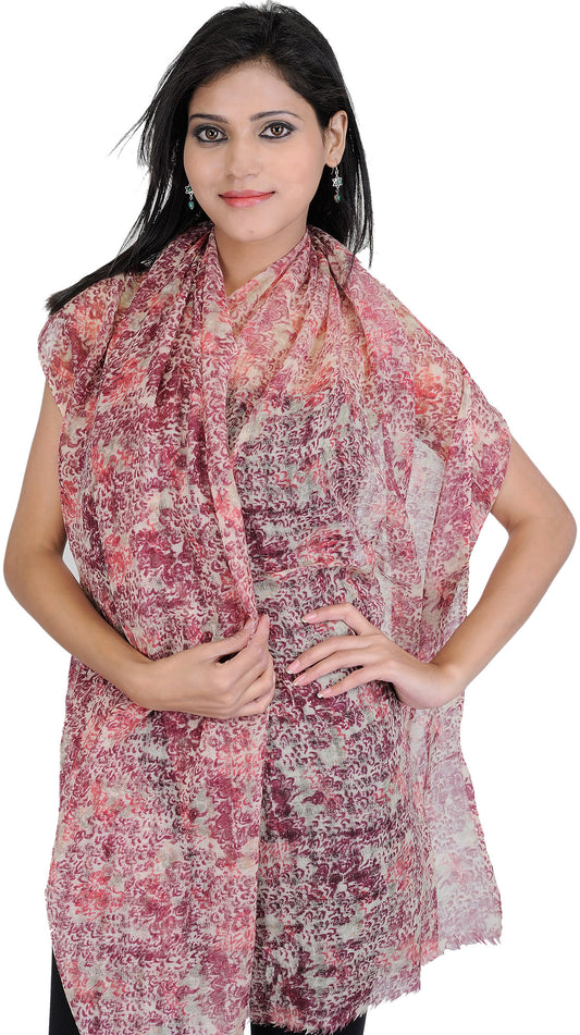 Ruby and Beige Digital-Printed Stole with Missing Checks in Weave