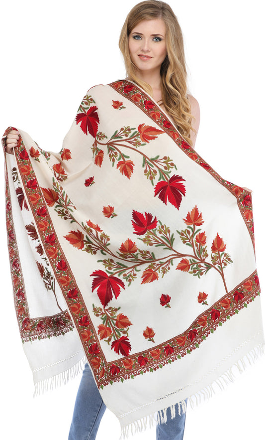 Stole from Kashmir with Aari-Embroidered Maple Leaves by Hand