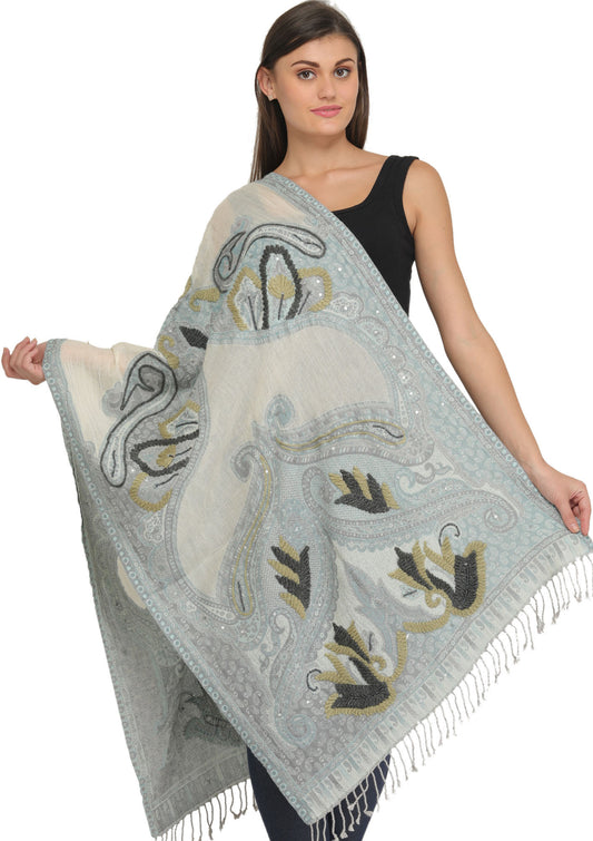 Cloud-Blue and Ivory Jamawar Stole with Woven Paisleys and Embroidered Sequins